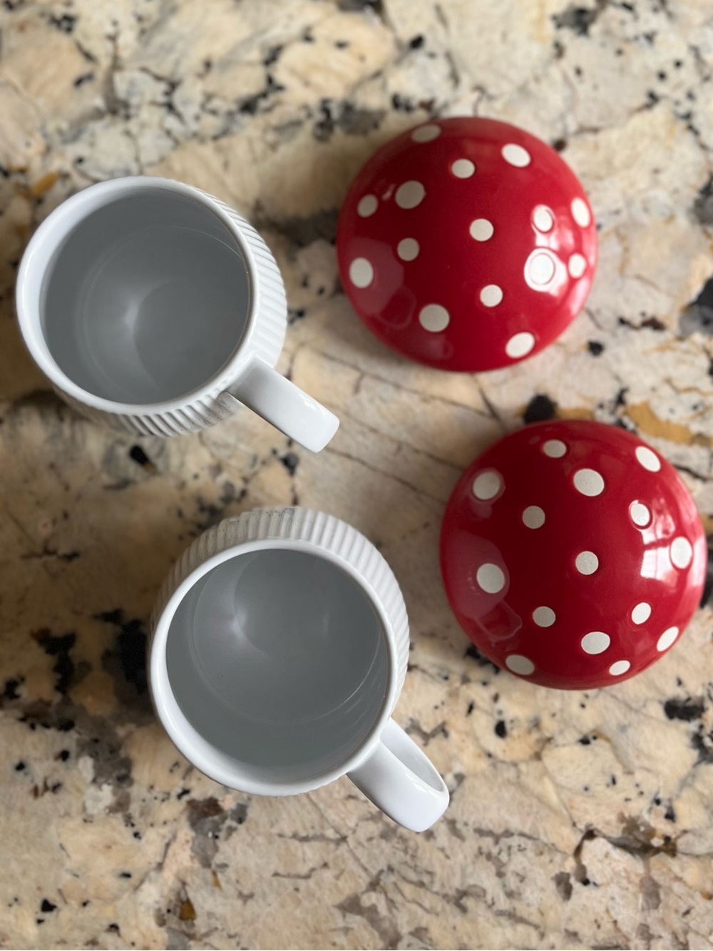 Pair of White Ceramic Mushroom Mugs with Red Polka-Dot Lids from World Market - Picture 2 of 4